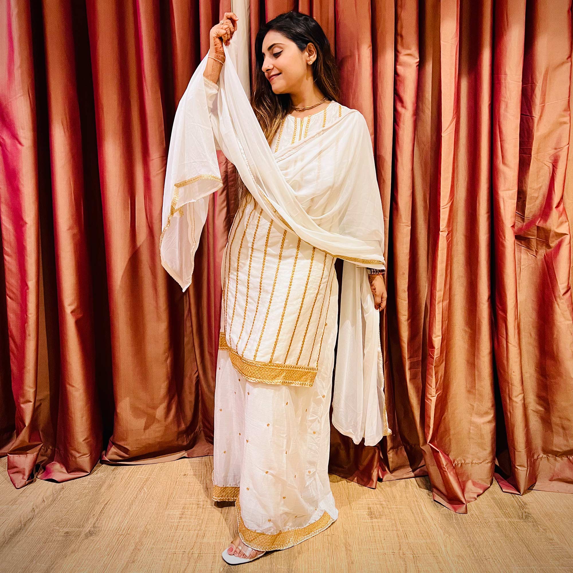 White Sequins Embroidered Chiffon Palazzo Suit