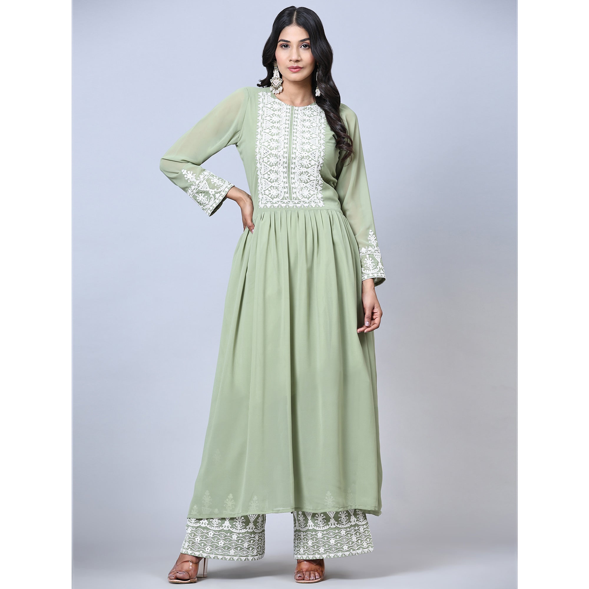 Green Partywear Embroidered Faux Georgette Palazzo Suit