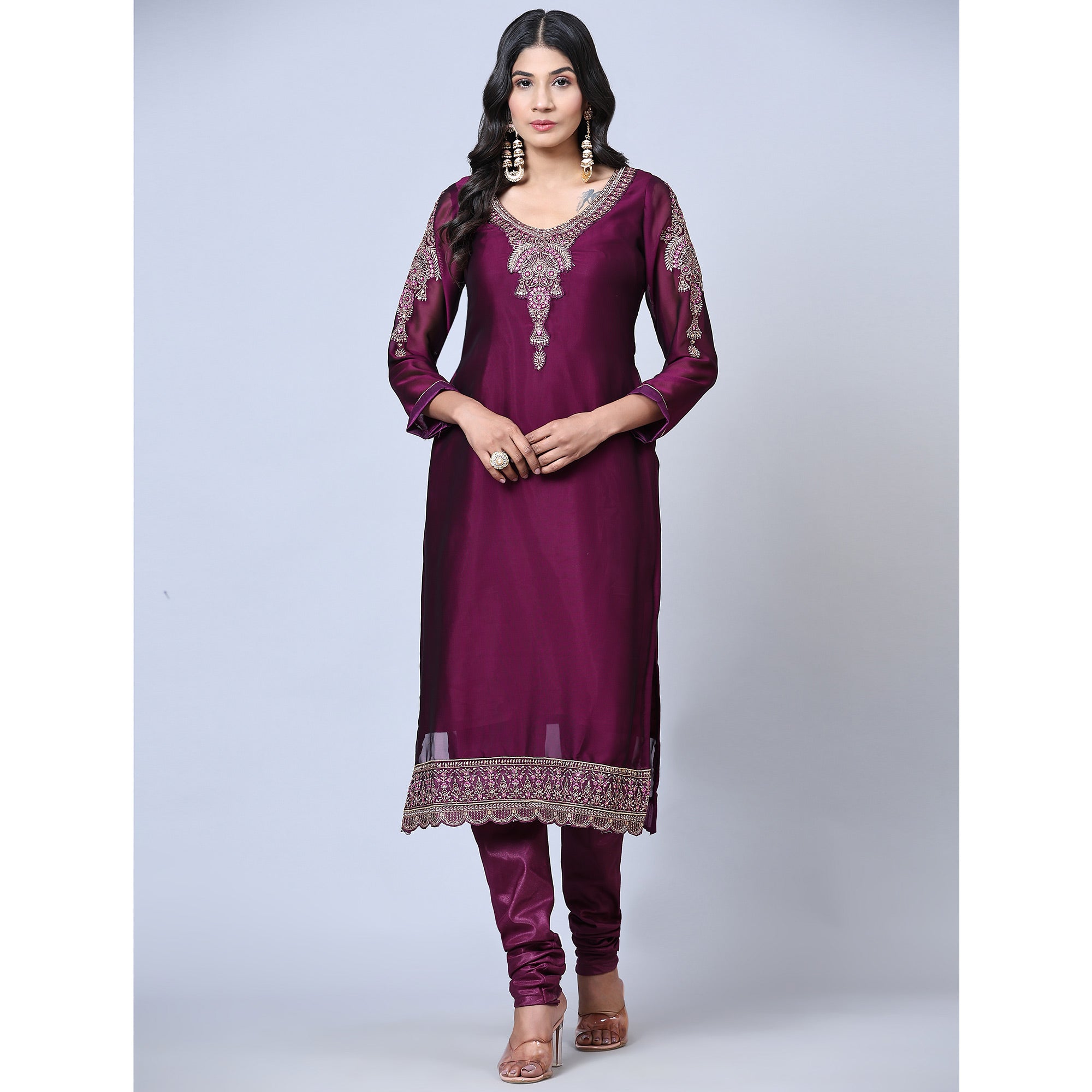 Purple Embroidered Georgette Partywear Suit