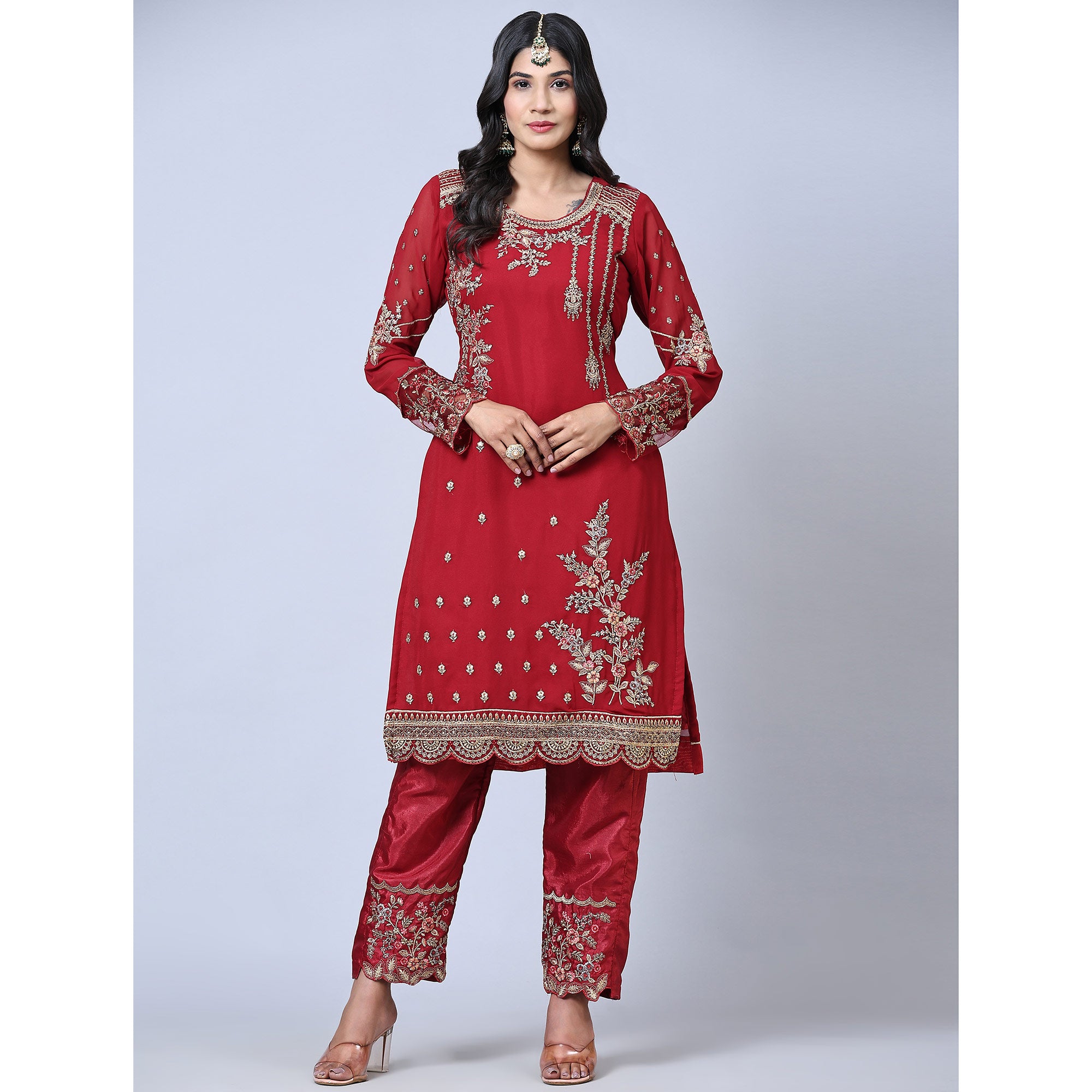 Maroon Embroidered Gerorgette Straight Partywear Suit