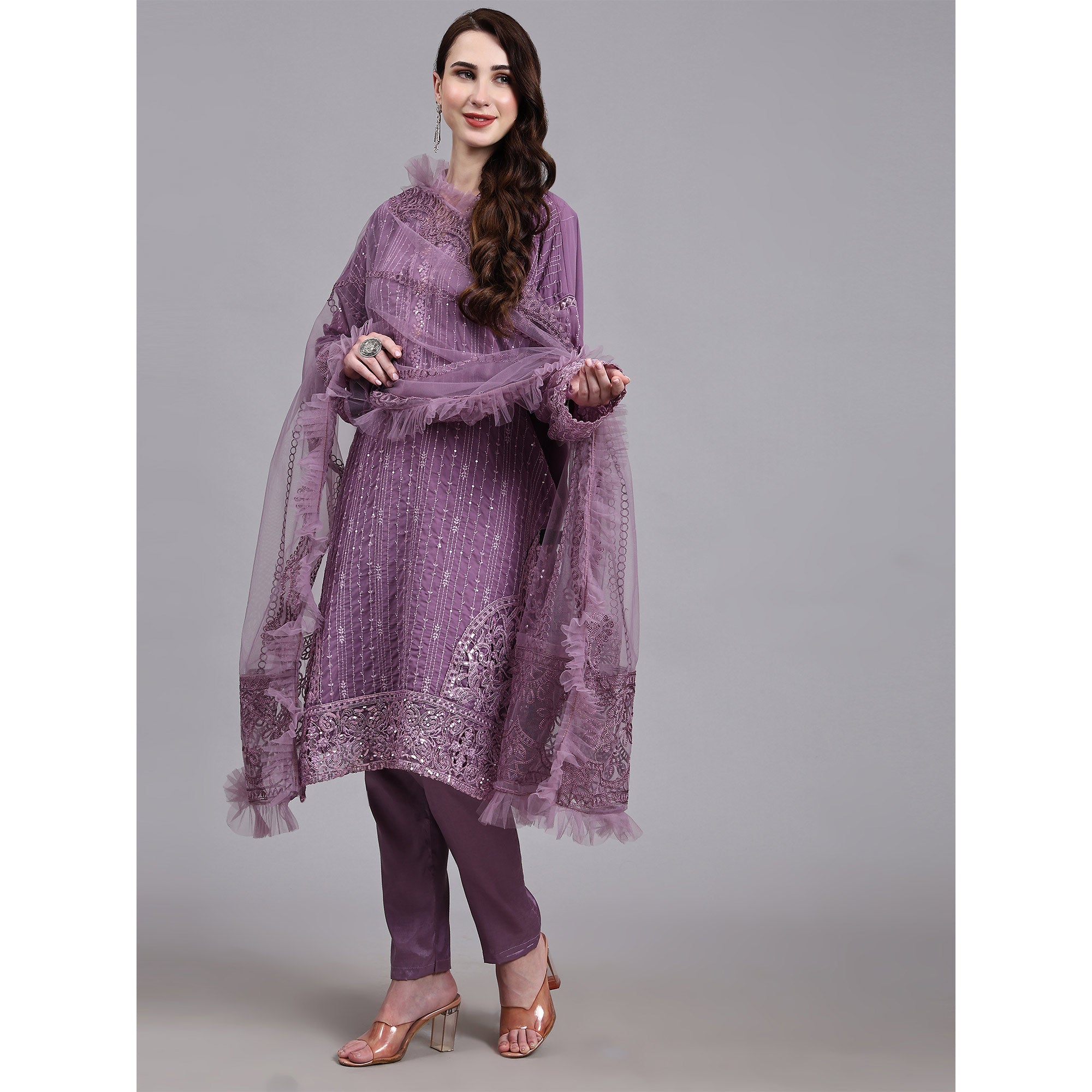 Light Purple Embellished With Embroidered Georgette Pakistani Suit