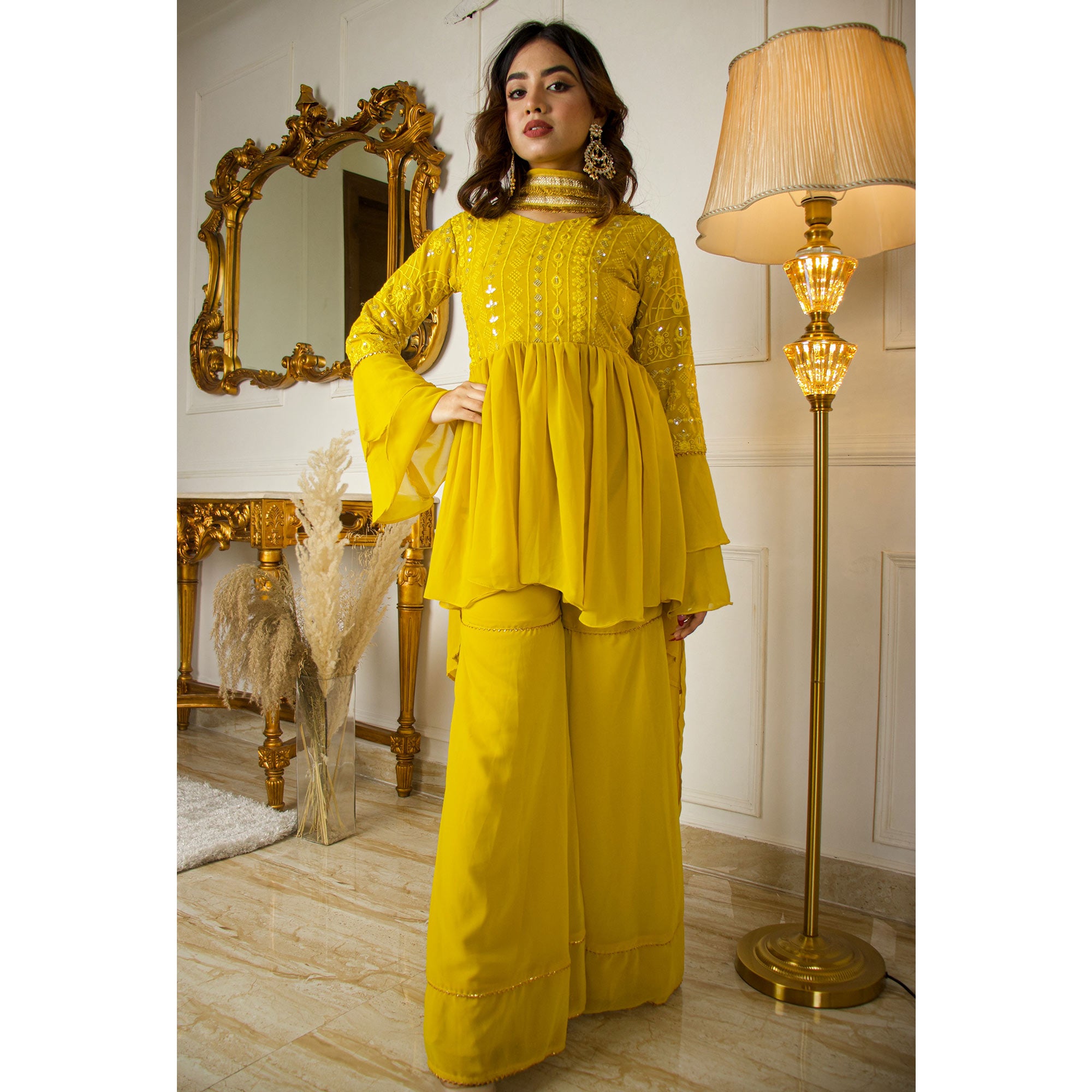 Lemon Yellow Sequins Embroidered Georgette Sharara Suit