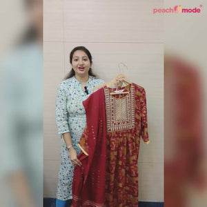 Red Printed & Embroidered Rayon Naira Cut Suit