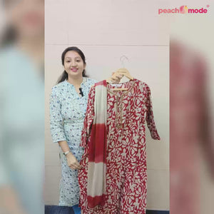 Dark Red Floral Printed Muslin Salwar Suit