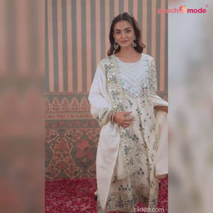Off White Printed With Embroidered Pure Cotton Anarkali Suit