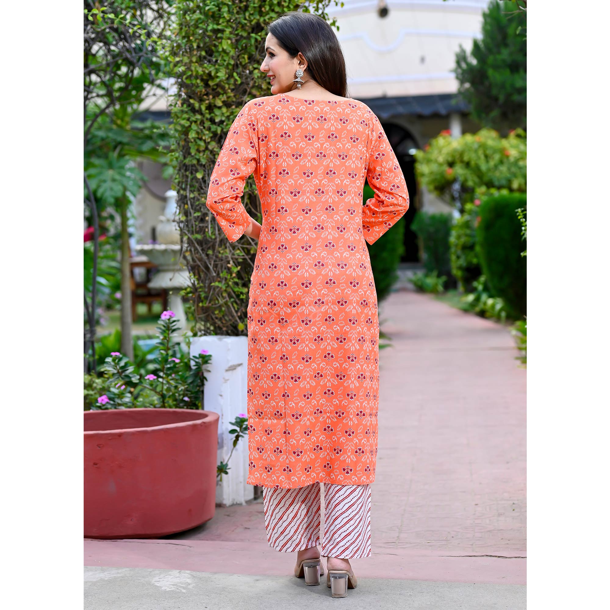 Orange Floral Printed Pure Cotton Salwar Suit