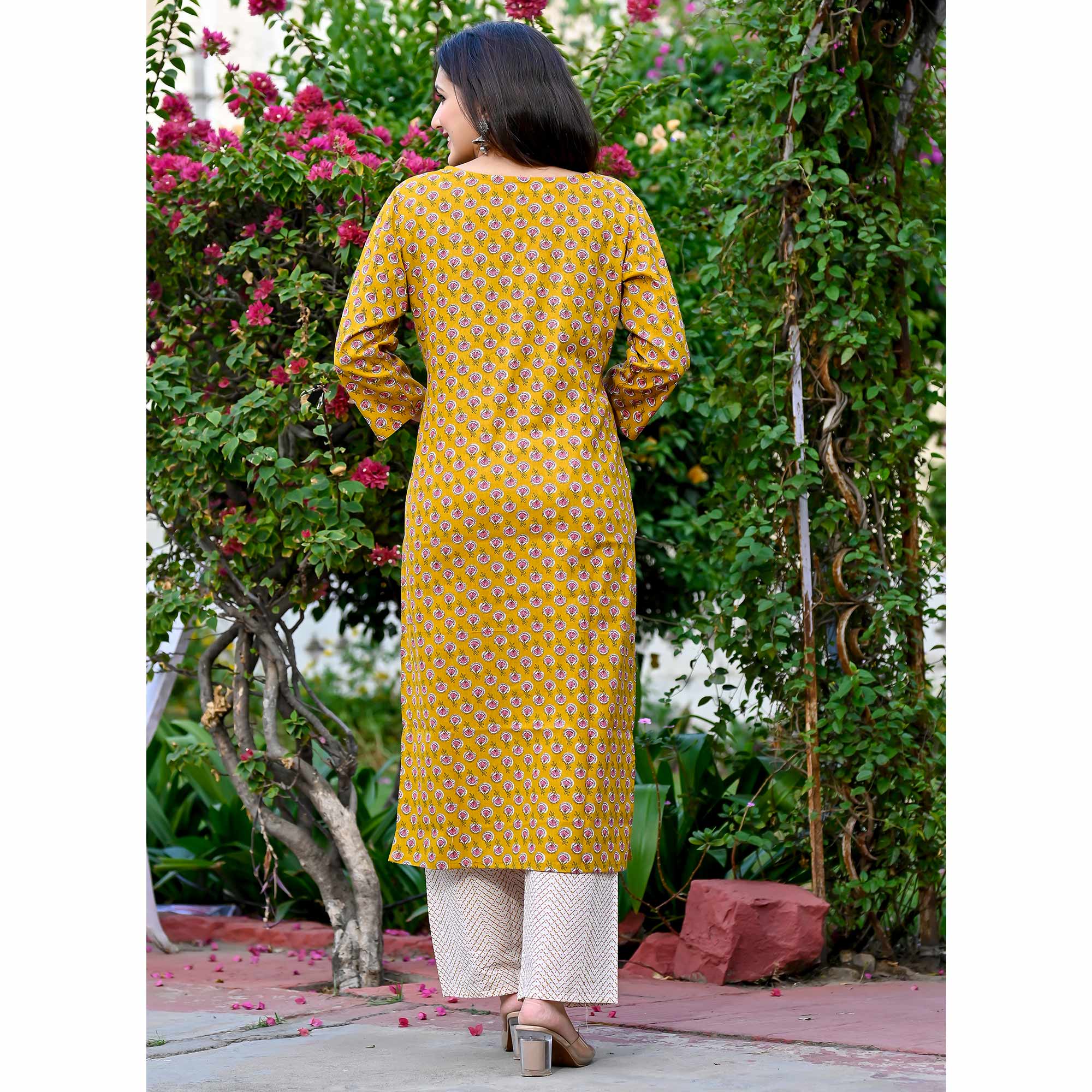 Mustard Floral Printed Pure Cotton Salwar Suit