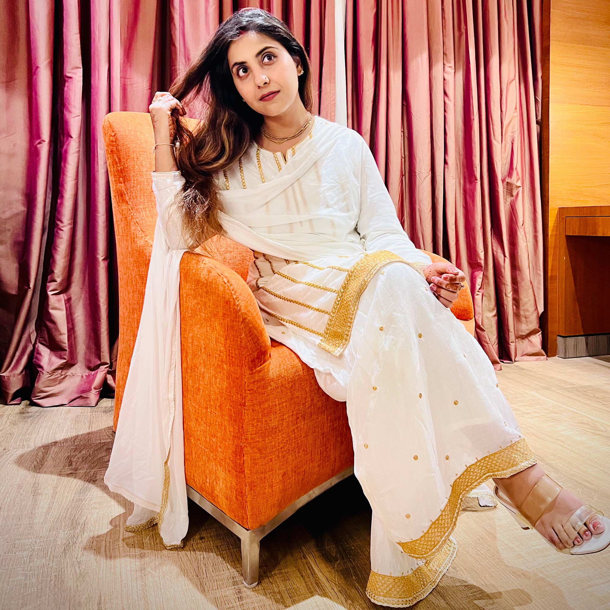 White Sequins Embroidered Chiffon Palazzo Suit