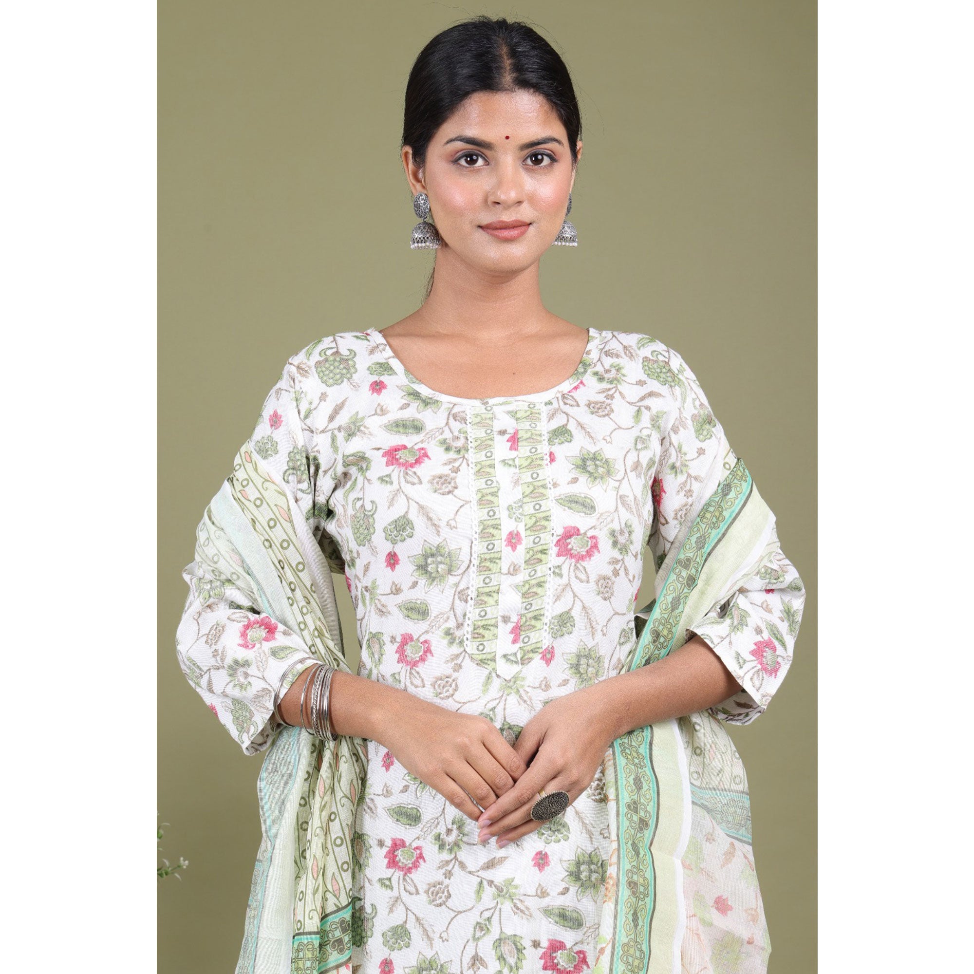 White Floral Foil Printed Rayon Suit