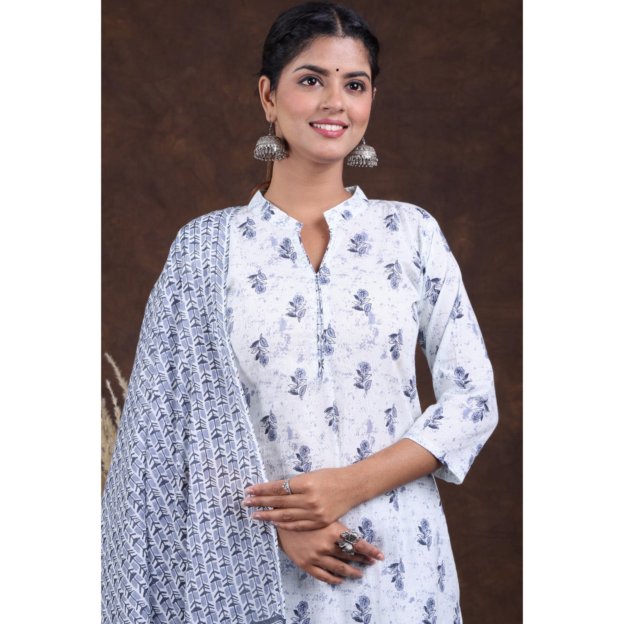 White-Grey Jaipuri Printed Pure Cotton Suit