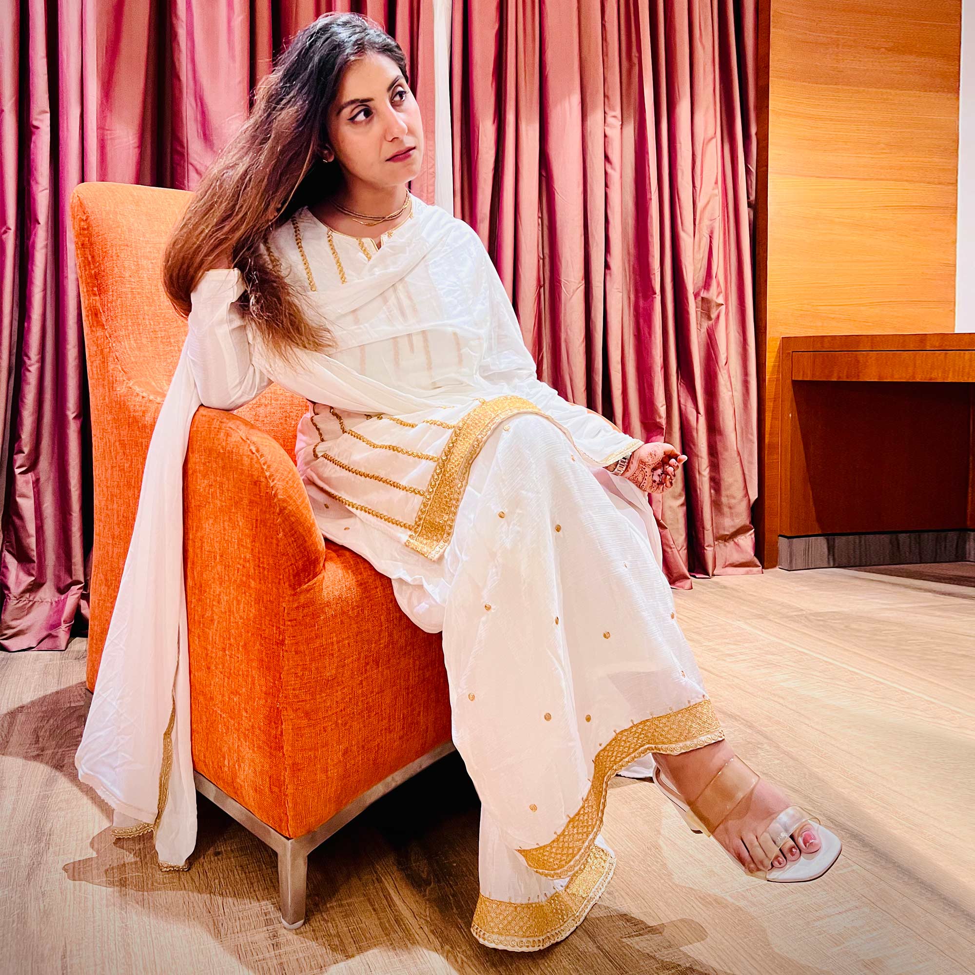White Sequins Embroidered Chiffon Palazzo Suit