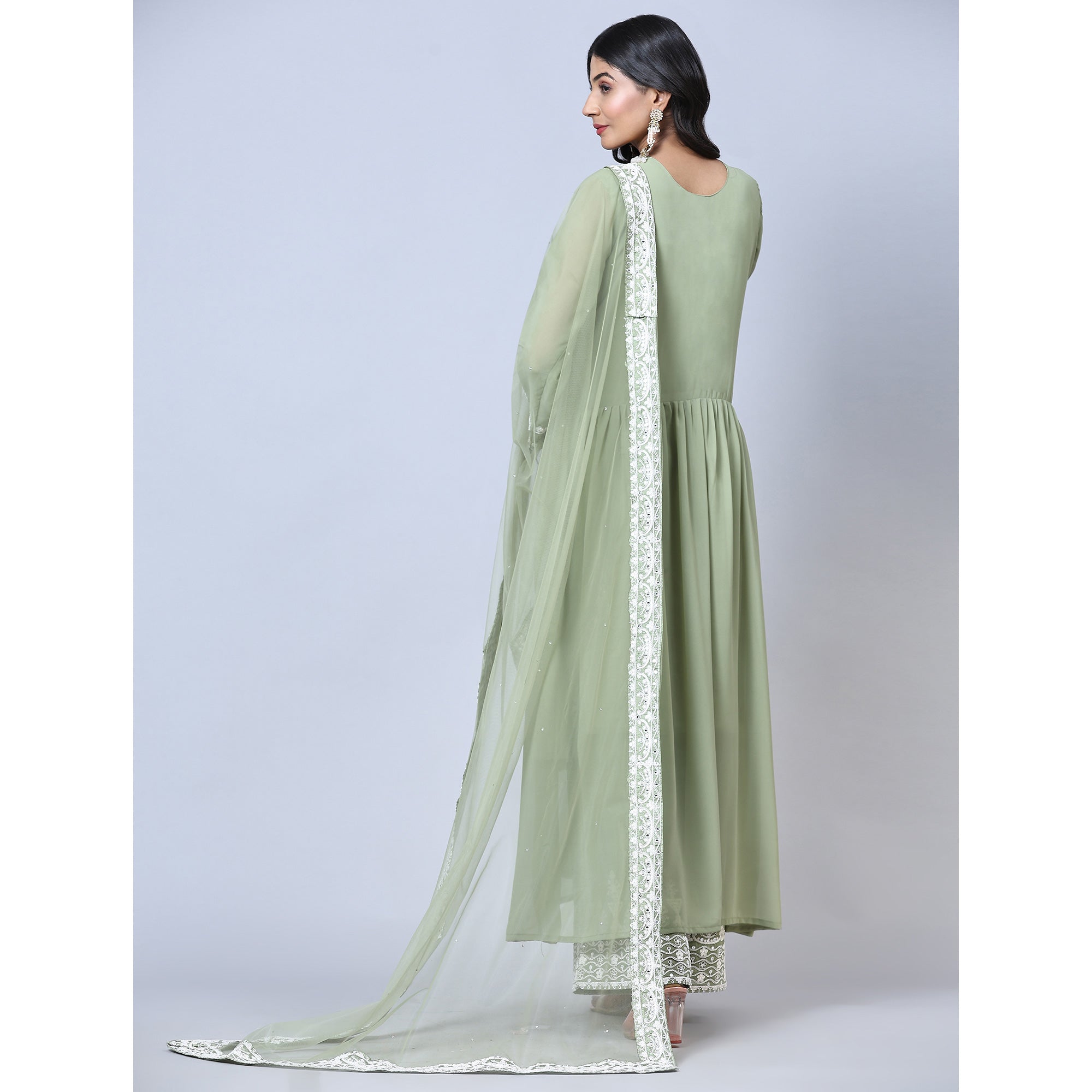 Green Partywear Embroidered Faux Georgette Palazzo Suit