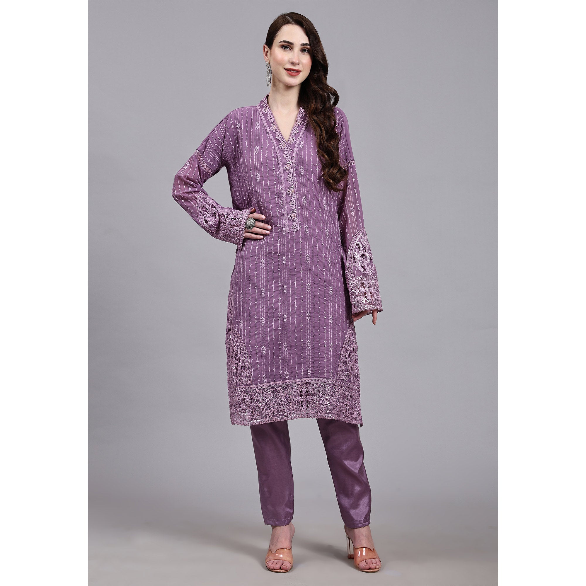 Light Purple Embellished With Embroidered Georgette Pakistani Suit