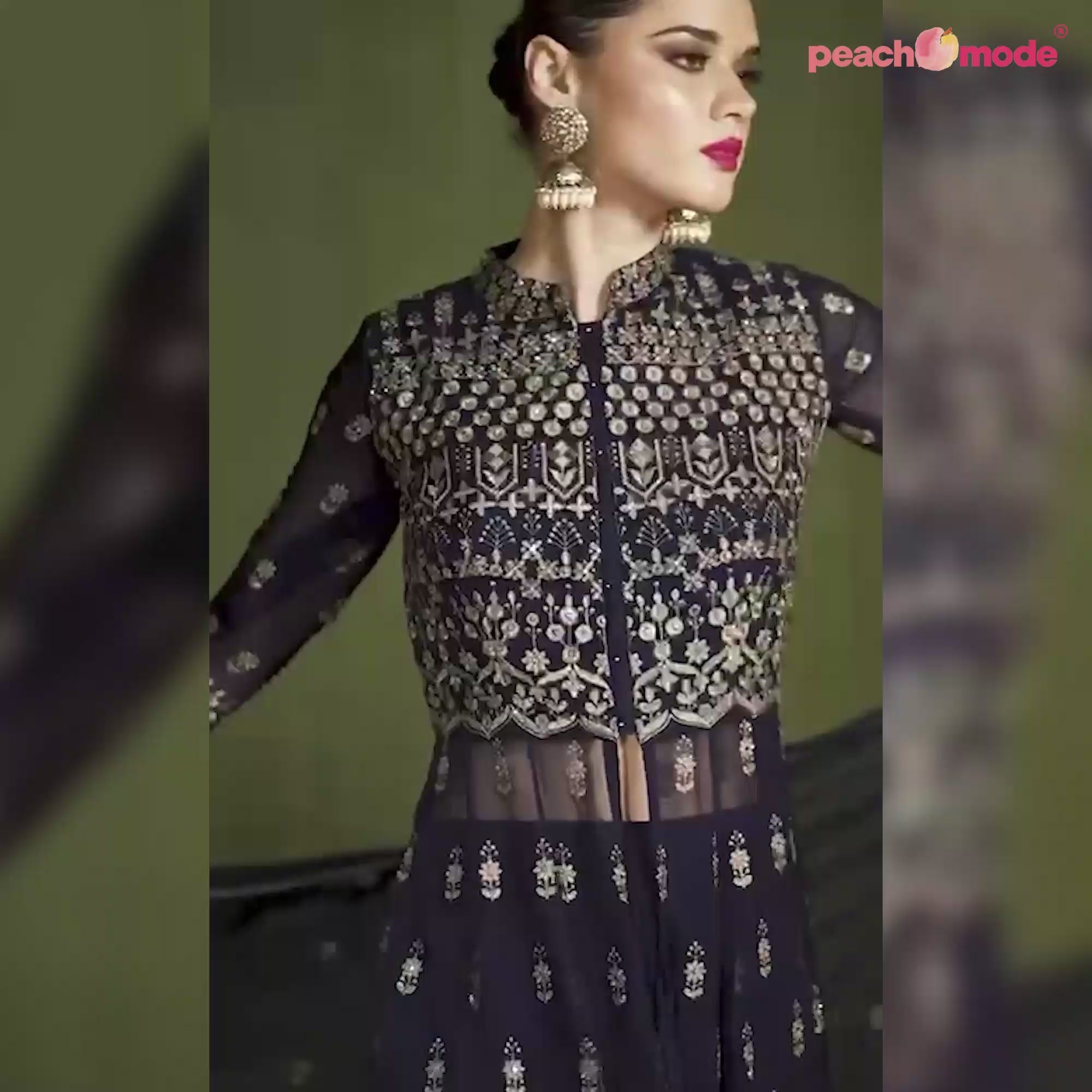 Navy Blue Embroidered Georgette Palazzo Suit