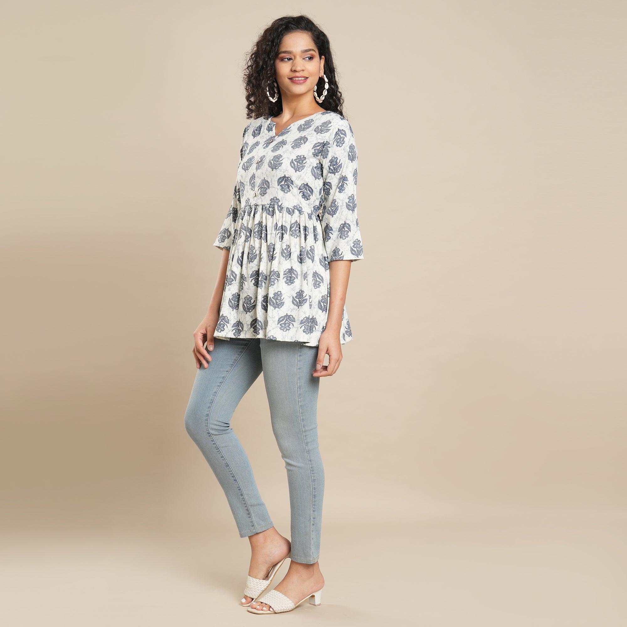 Blue Floral Foil Printed Rayon Top