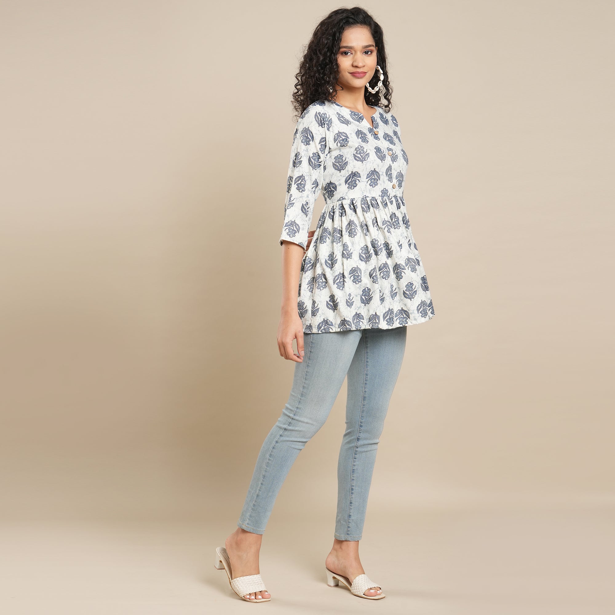 Blue Floral Foil Printed Rayon Top