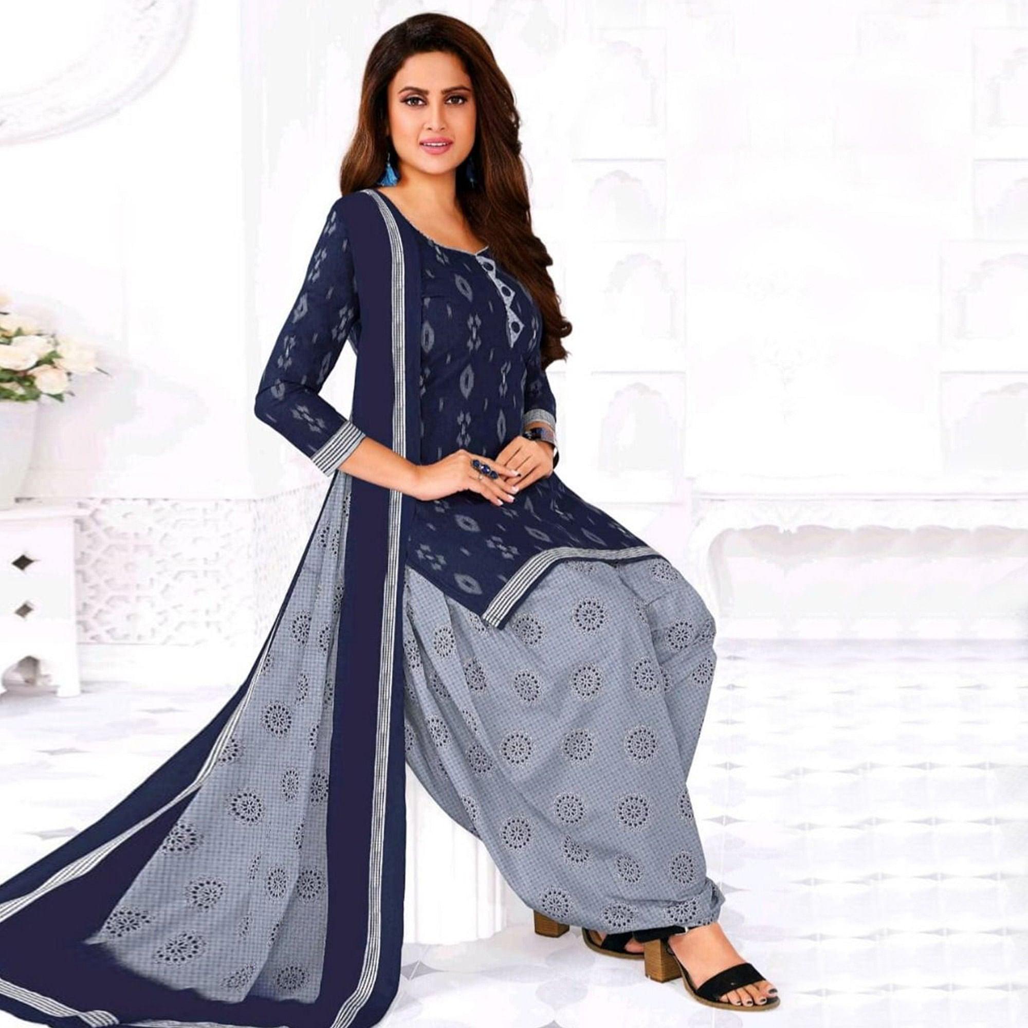 Navy Blue And Black Printed Leon Patiala Dress Material Pack Of 2