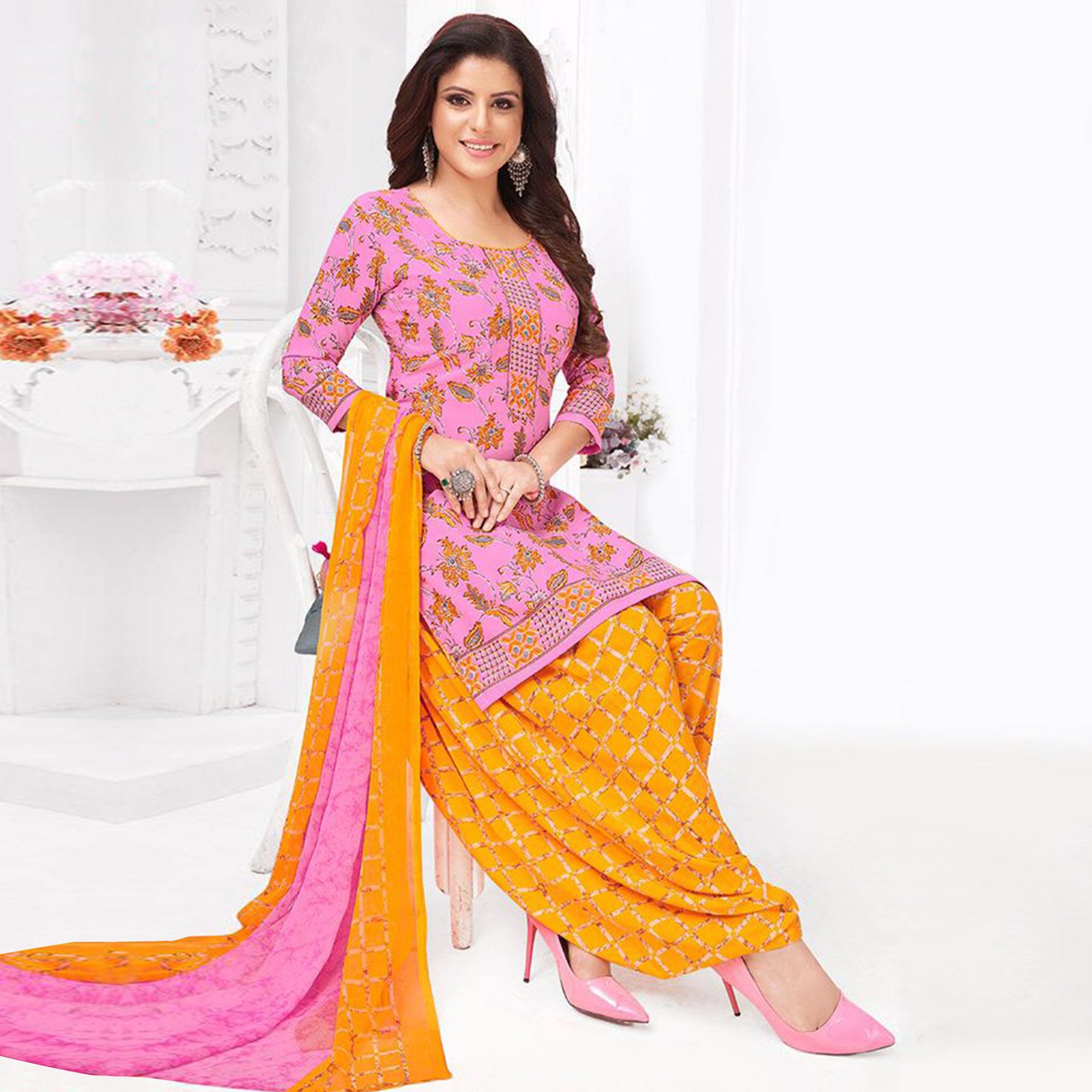 White And Pink Printed Crepe Patiala Dress Material Pack Of 2