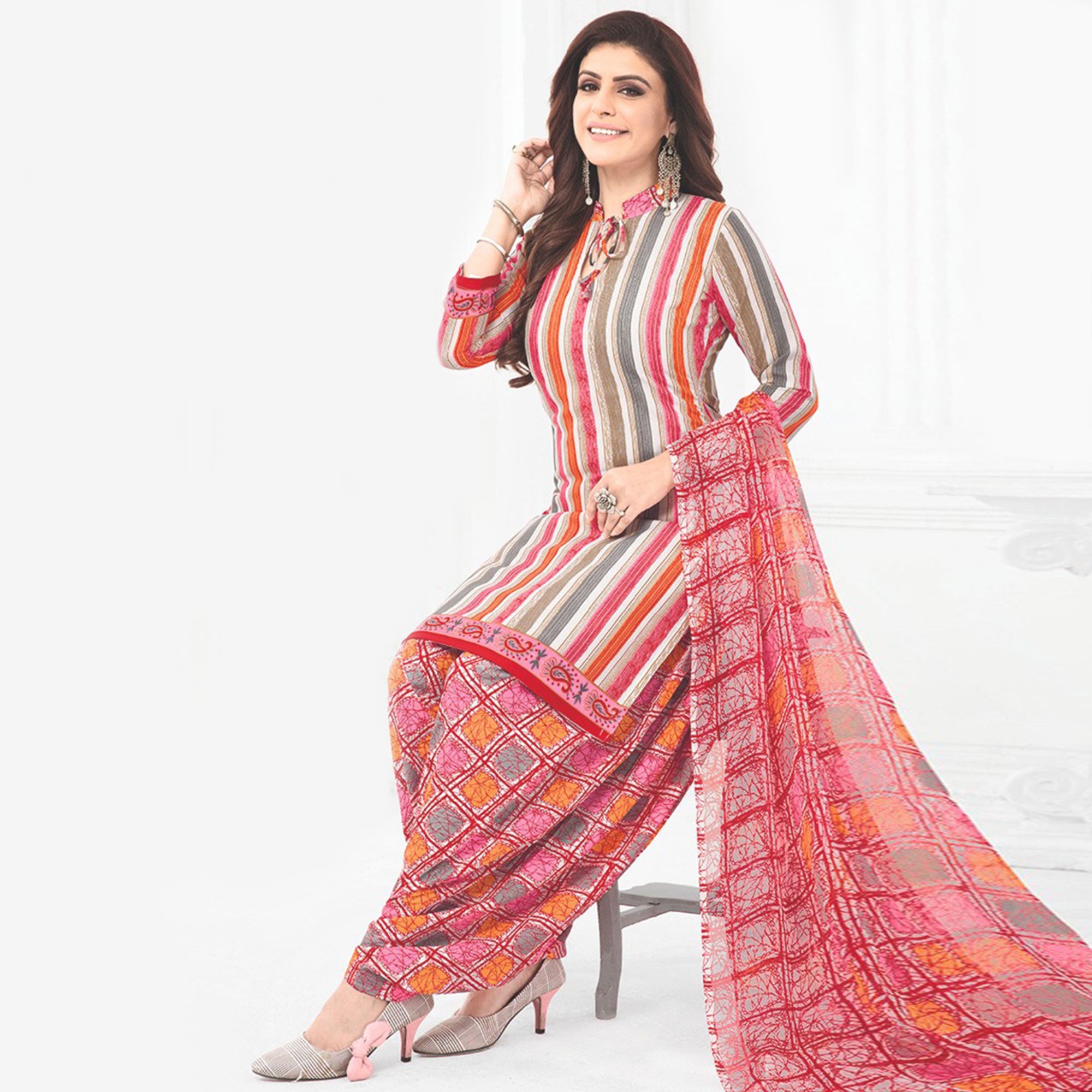 Multicolor And White Printed Crepe Patiala Dress Material Pack Of 2
