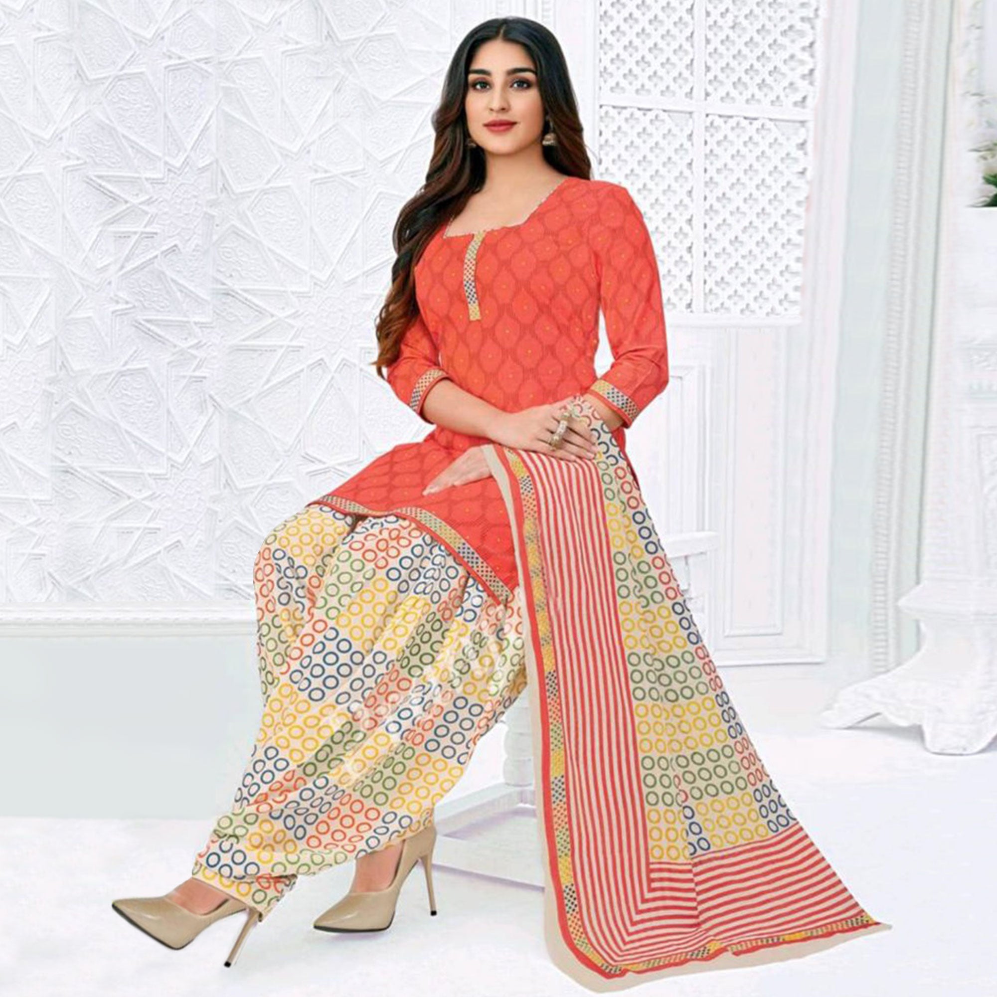 Grey And Peach Printed Crepe Patiala Dress Material Pack Of 2