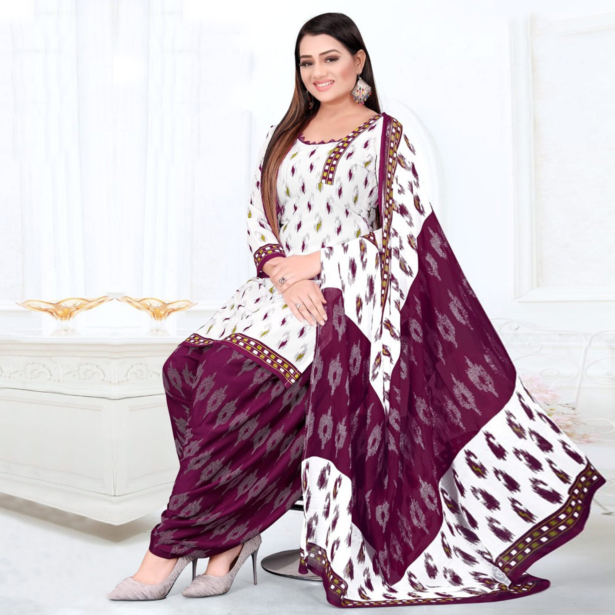 White And Pink Printed Crepe Patiala Dress Material Pack Of 2