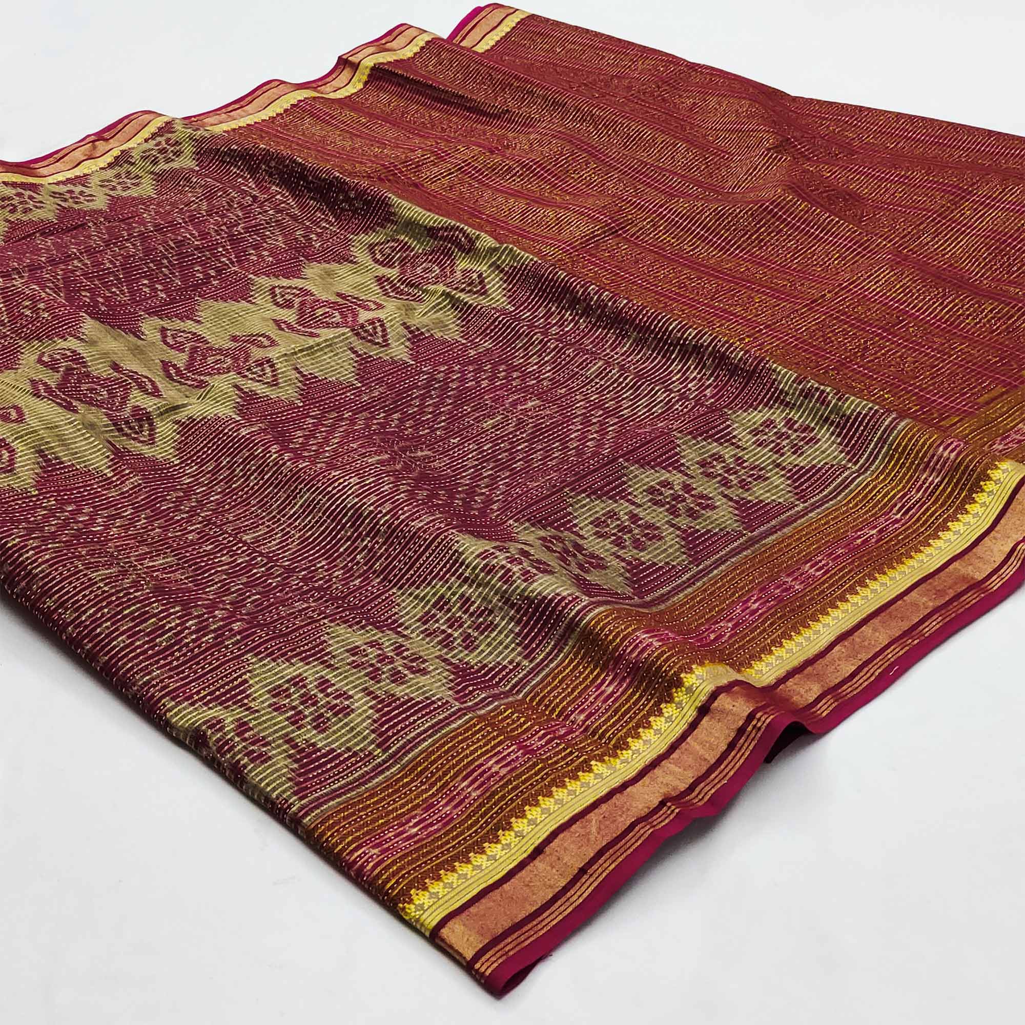 Maroon Casual Wear Ikkat Printed Cotton Silk Saree