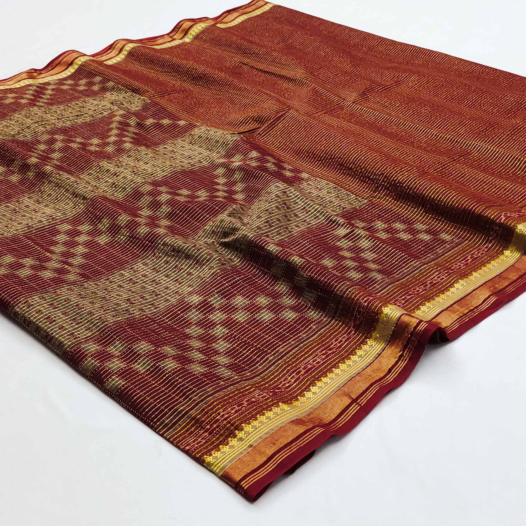 Rust Casual Wear Ikkat Printed Cotton Silk Saree