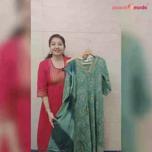 Green Printed With Gota Patti Work Muslin Anarkali Suit