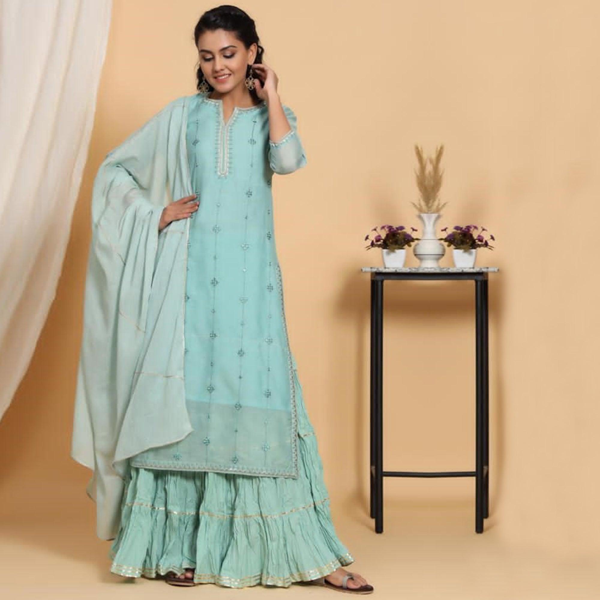 Aariya Designs - Aqua Blue Coloured Party Wear Embroidered Cotton Silk Kurti-Sharara Set With Dupatta - Peachmode
