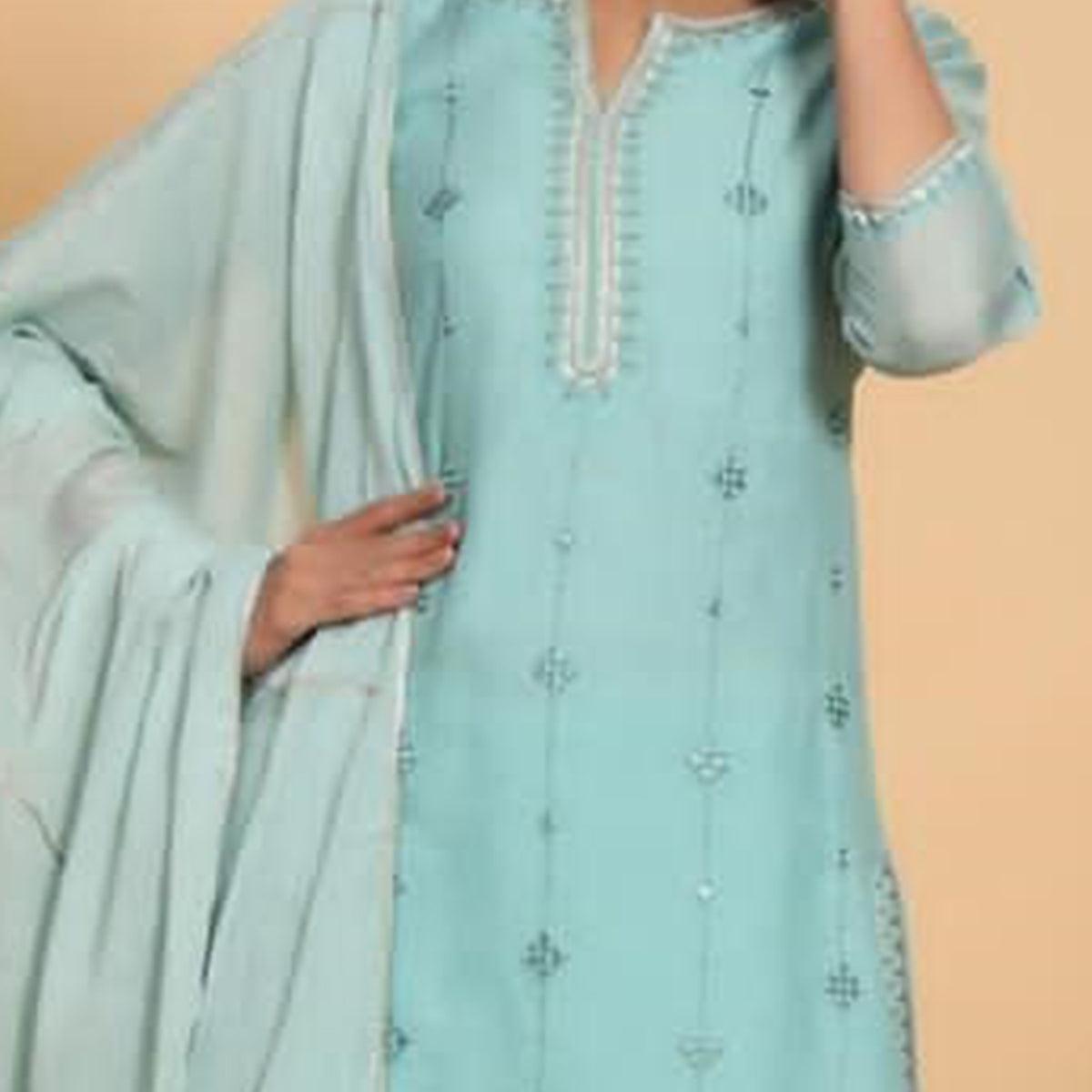 Aariya Designs - Aqua Blue Coloured Party Wear Embroidered Cotton Silk Kurti-Sharara Set With Dupatta - Peachmode