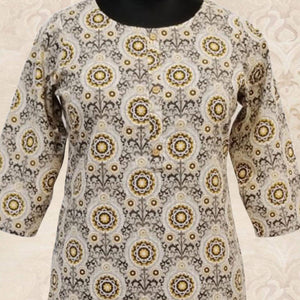 Aariya Designs - Beige-Blue Colored Casual Wear Printed Cotton Kurti - Peachmode
