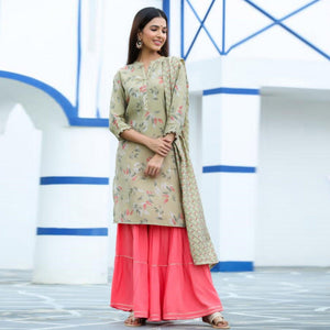 Aariya Designs - Beige Colored Casual Wear Floral Printed Cotton Kurti-Sharara Set With Dupatta - Peachmode