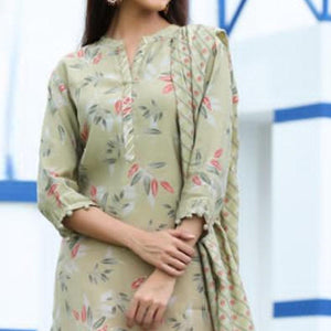 Aariya Designs - Beige Colored Casual Wear Floral Printed Cotton Kurti-Sharara Set With Dupatta - Peachmode