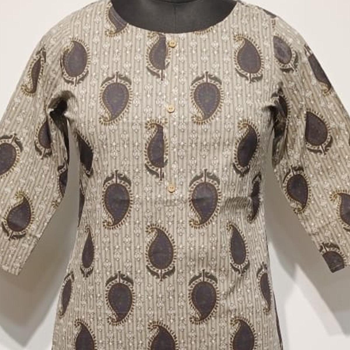 Aariya Designs - Beige Colored Casual Wear Printed Cotton Kurti - Peachmode