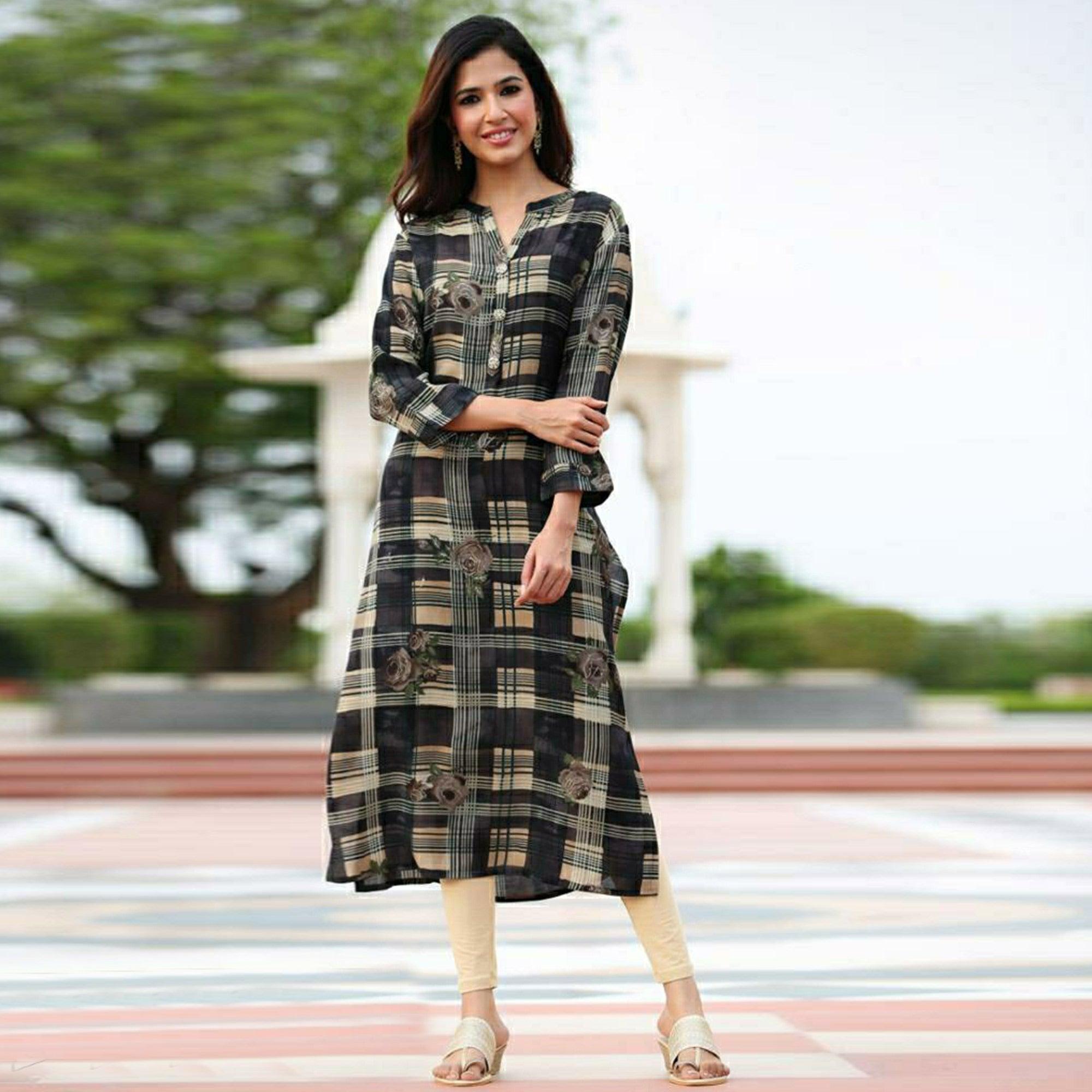 Aariya Designs - Black Colored Casual Wear Check Printed Cotton Silk Kurti - Peachmode