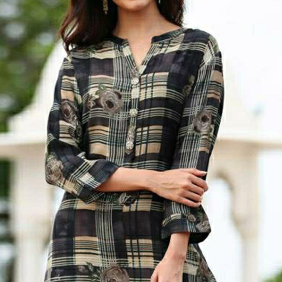 Aariya Designs - Black Colored Casual Wear Check Printed Cotton Silk Kurti - Peachmode