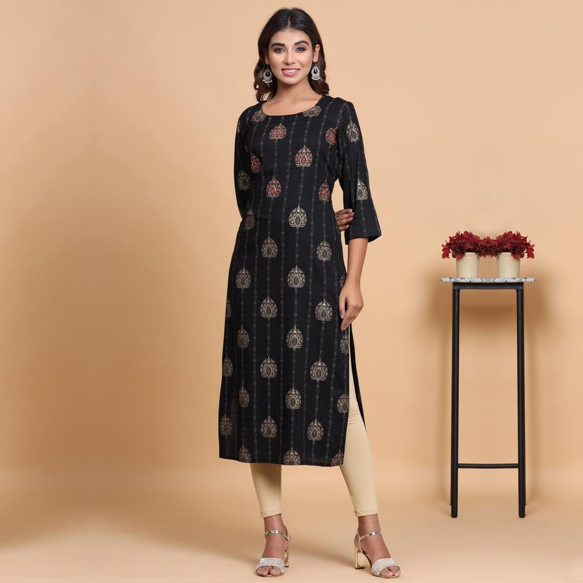 Aariya Designs - Black Colored Casual Wear Printed Cotton Kurti - Peachmode