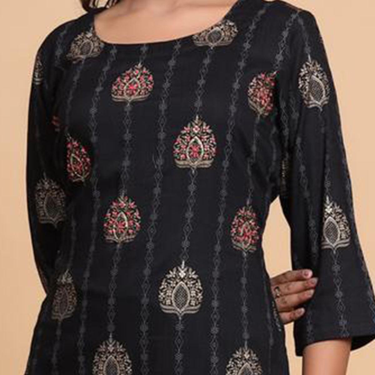 Aariya Designs - Black Colored Casual Wear Printed Cotton Kurti - Peachmode