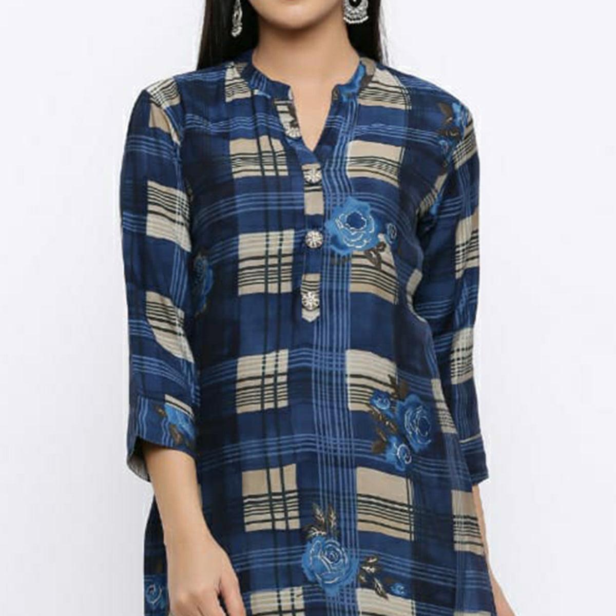 Aariya Designs - Blue Colored Casual Wear Check Printed Cotton Silk Kurti - Peachmode