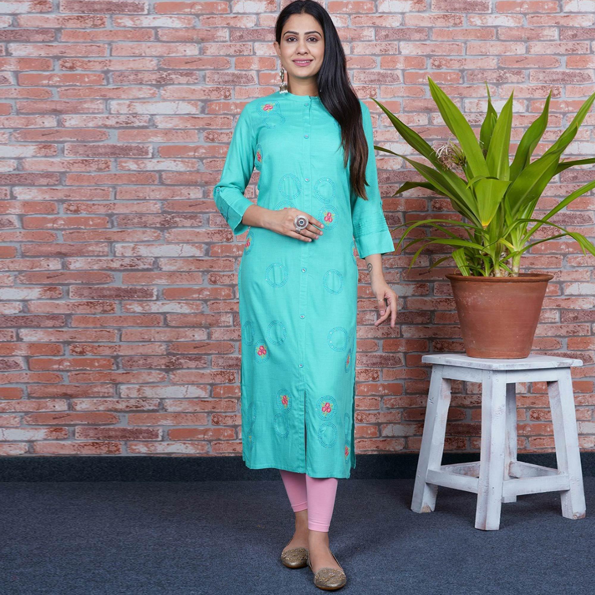 Aariya Designs - Blue Colored Casual Wear Embroidered Cotton Kurti - Peachmode