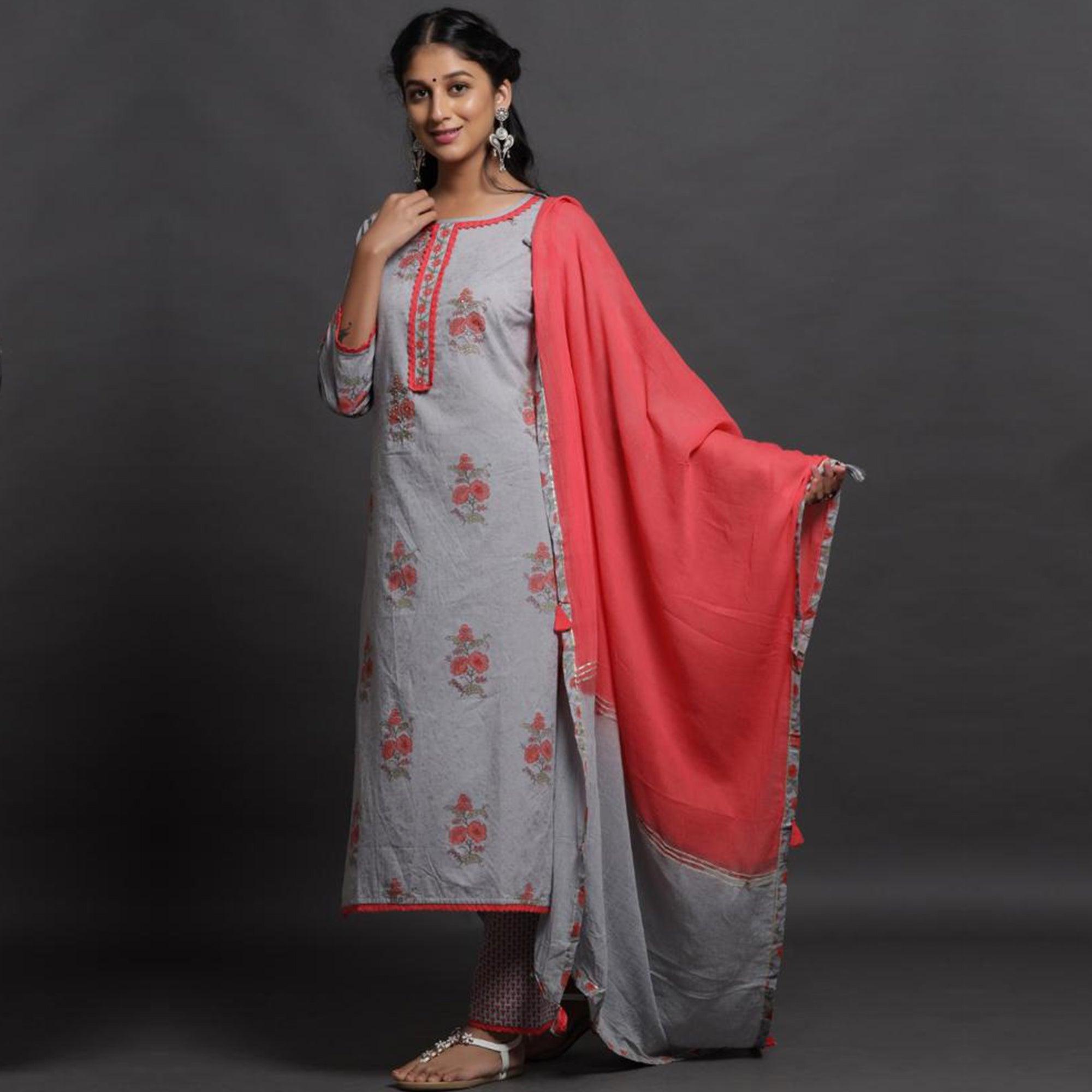 Aariya Designs - Grey Colored Casual Wear Floral Printed Cotton Kurti-Pant Set With Dupatta - Peachmode