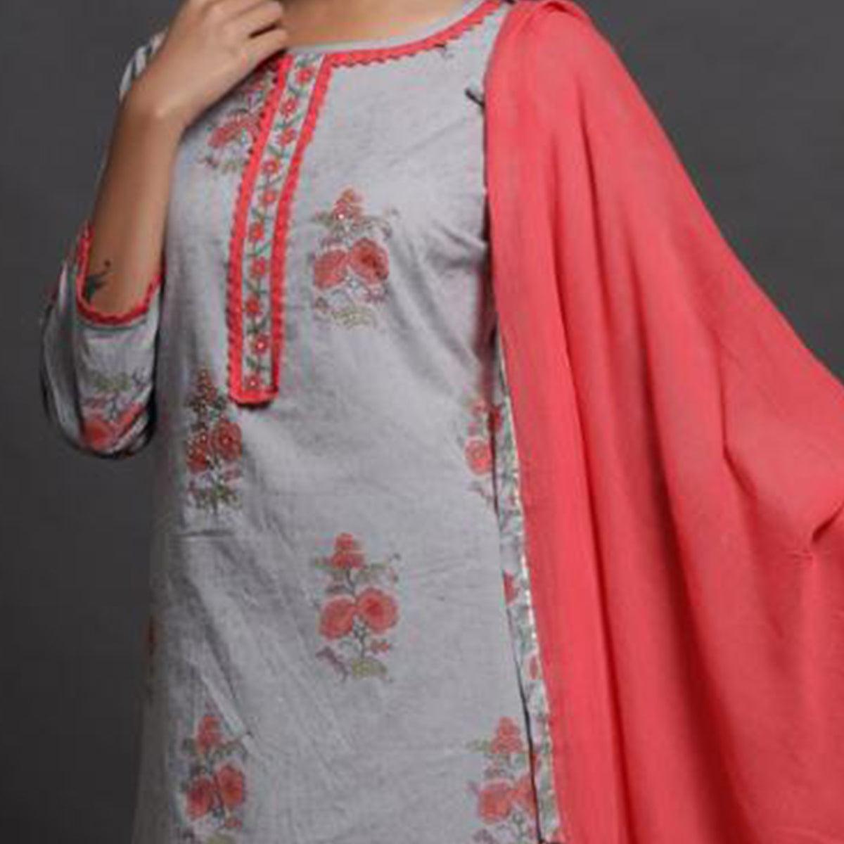 Aariya Designs - Grey Colored Casual Wear Floral Printed Cotton Kurti-Pant Set With Dupatta - Peachmode
