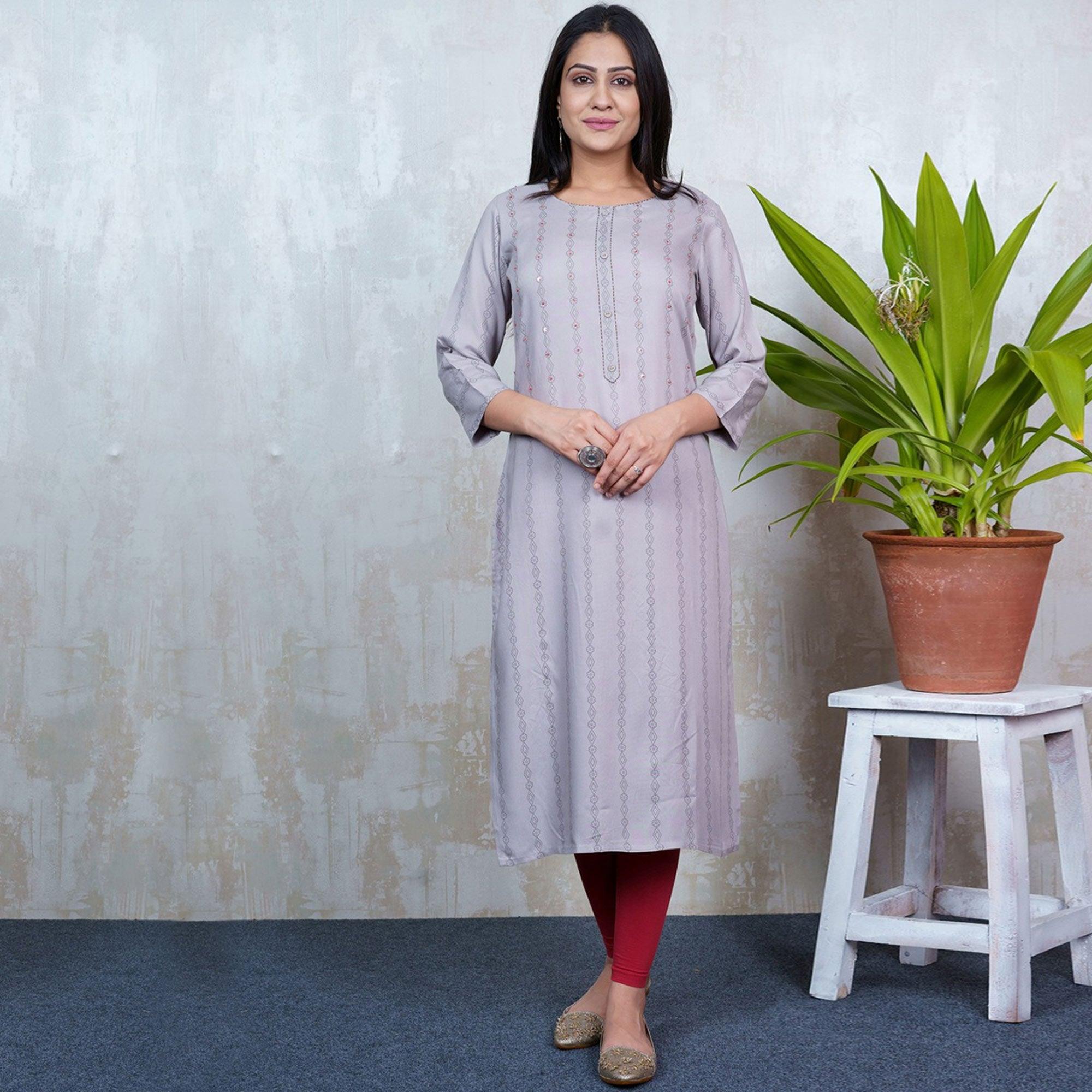 Aariya Designs - Grey Colored Casual Wear Geometric Printed Rayon Kurti - Peachmode
