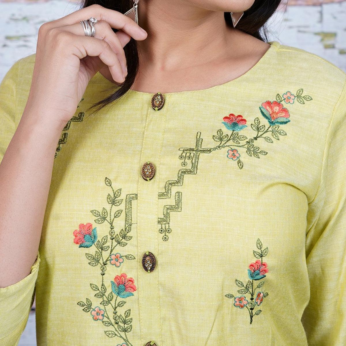 Aariya Designs - Light Green Colored Casual Wear Floral Embroidered Cotton Kurti - Peachmode