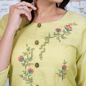 Aariya Designs - Light Green Colored Casual Wear Floral Embroidered Cotton Kurti - Peachmode