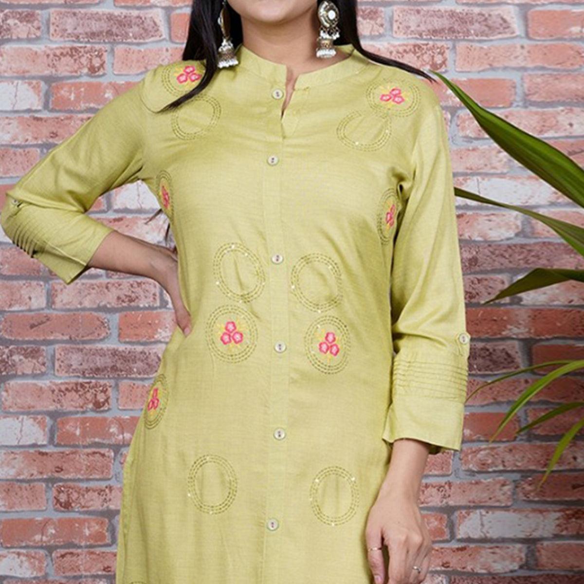 Aariya Designs - Light Olive Green Colored Casual Wear Embroidered Cotton Kurti - Peachmode