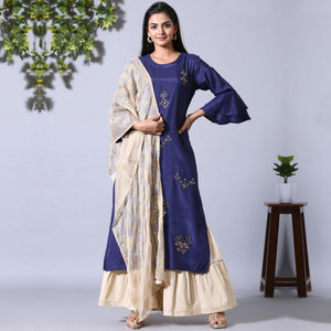 Aariya Designs - Navy Blue Colored Casual Wear Embroidered Cotton Silk Kurti-Sharara Set With Dupatta - Peachmode