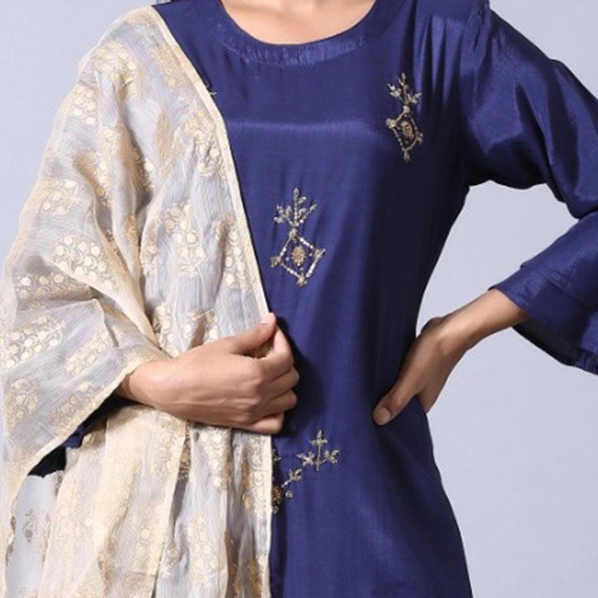 Aariya Designs - Navy Blue Colored Casual Wear Embroidered Cotton Silk Kurti-Sharara Set With Dupatta - Peachmode