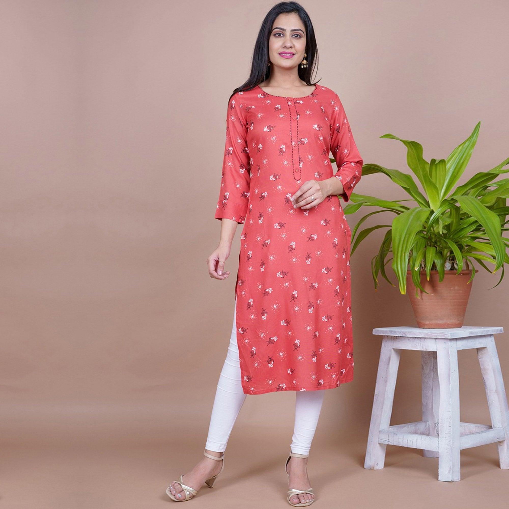 Aariya Designs - Red Colored Casual Wear Floral Printed Rayon Kurti - Peachmode
