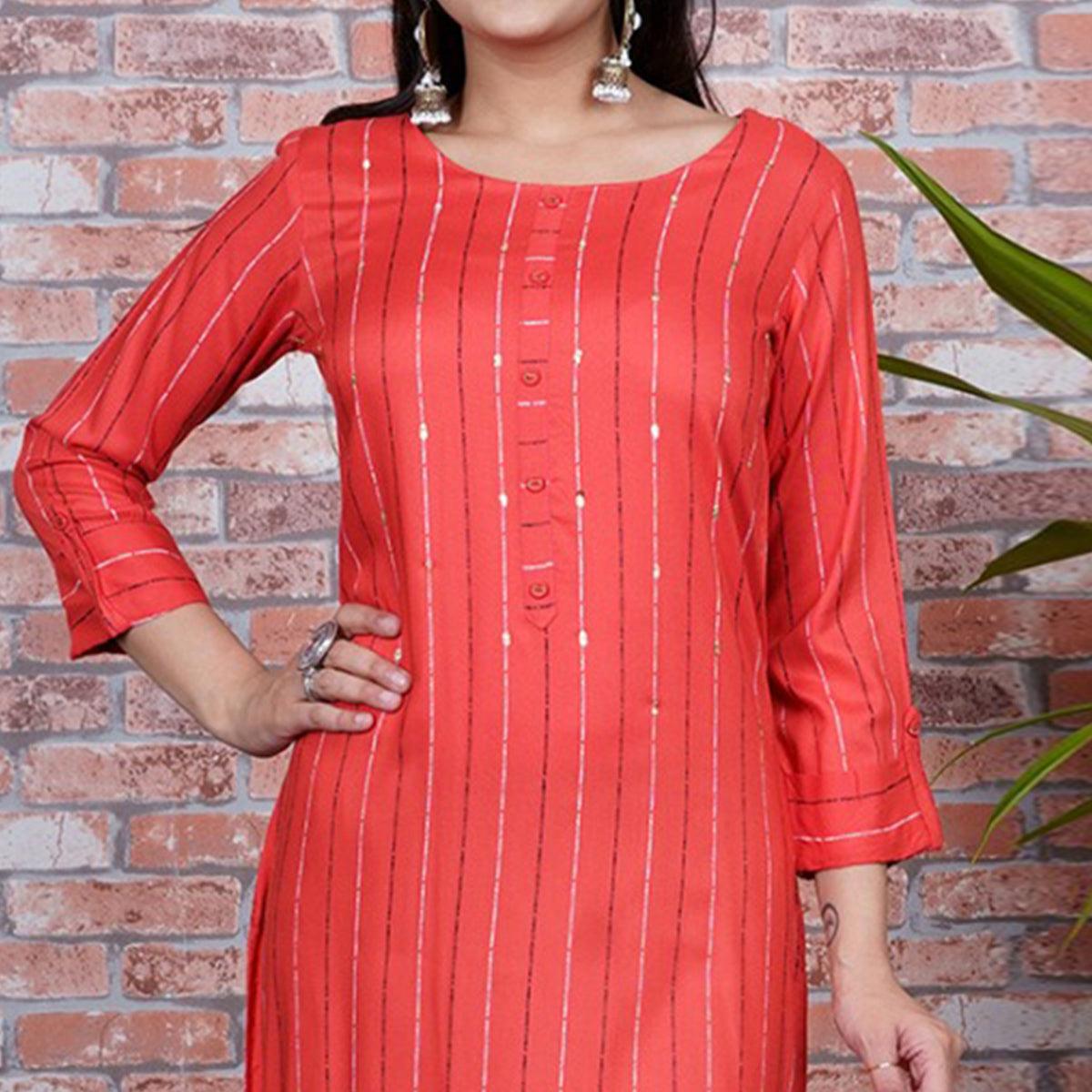 Aariya Designs - Red Colored Casual Wear Stripe Printed Rayon Kurti - Peachmode